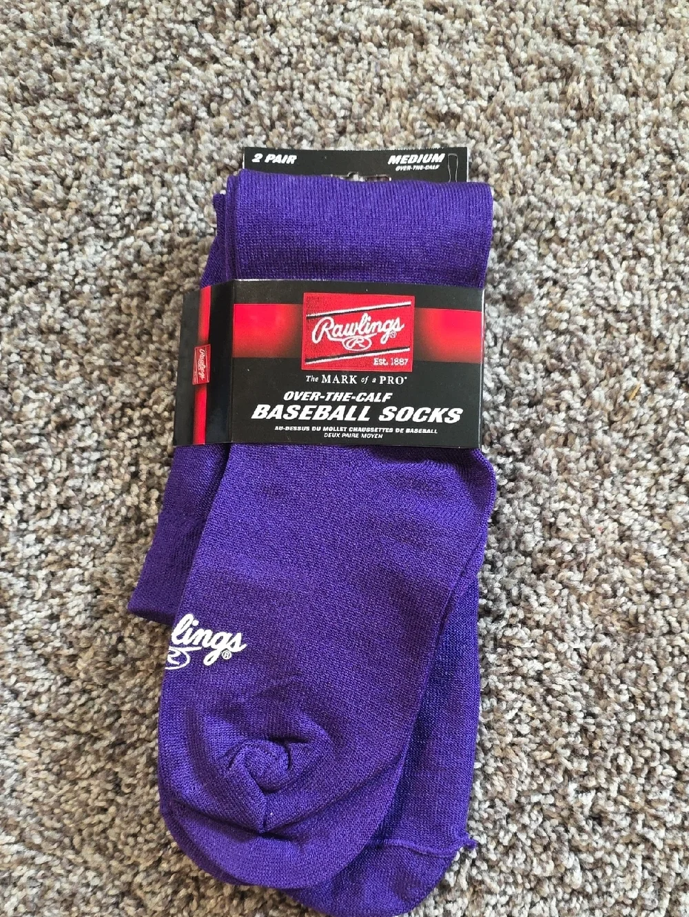 Rawlings Purple Over-The-Calf Athletic Baseball Socks, 2 Pair Size Medium